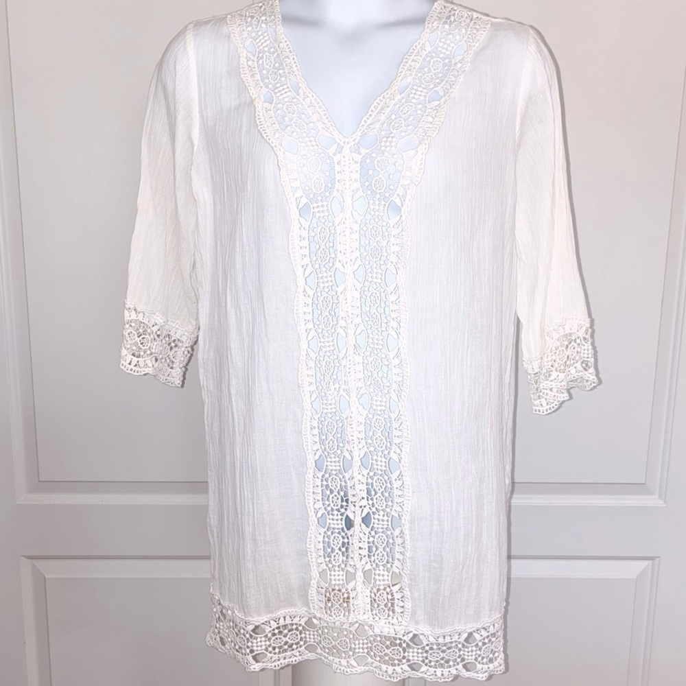 Sigrid Olsen Women’s Swim Cover Up Linen V-Neck Crochet Trim Large gauzy light - Picture 2 of 8
